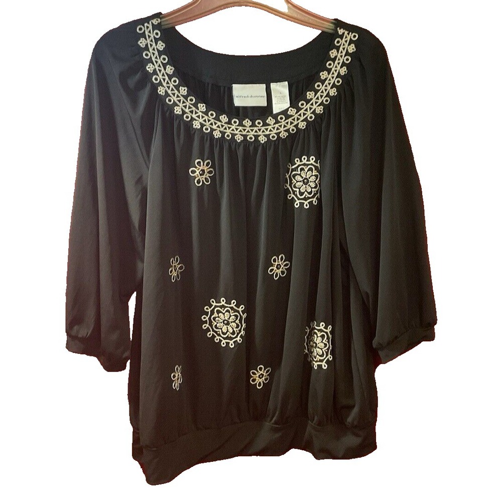 Alfred Dunner Embroidered Knit Top Women's Sz L Black Poly Cotton 3/4 Sleeve